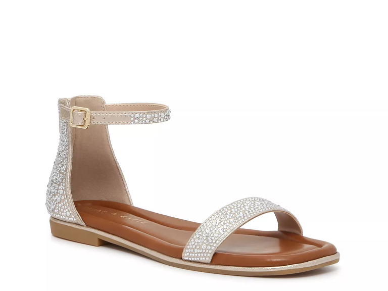 Gold rhinestone ankle strap sandals for beach wedding from DSW