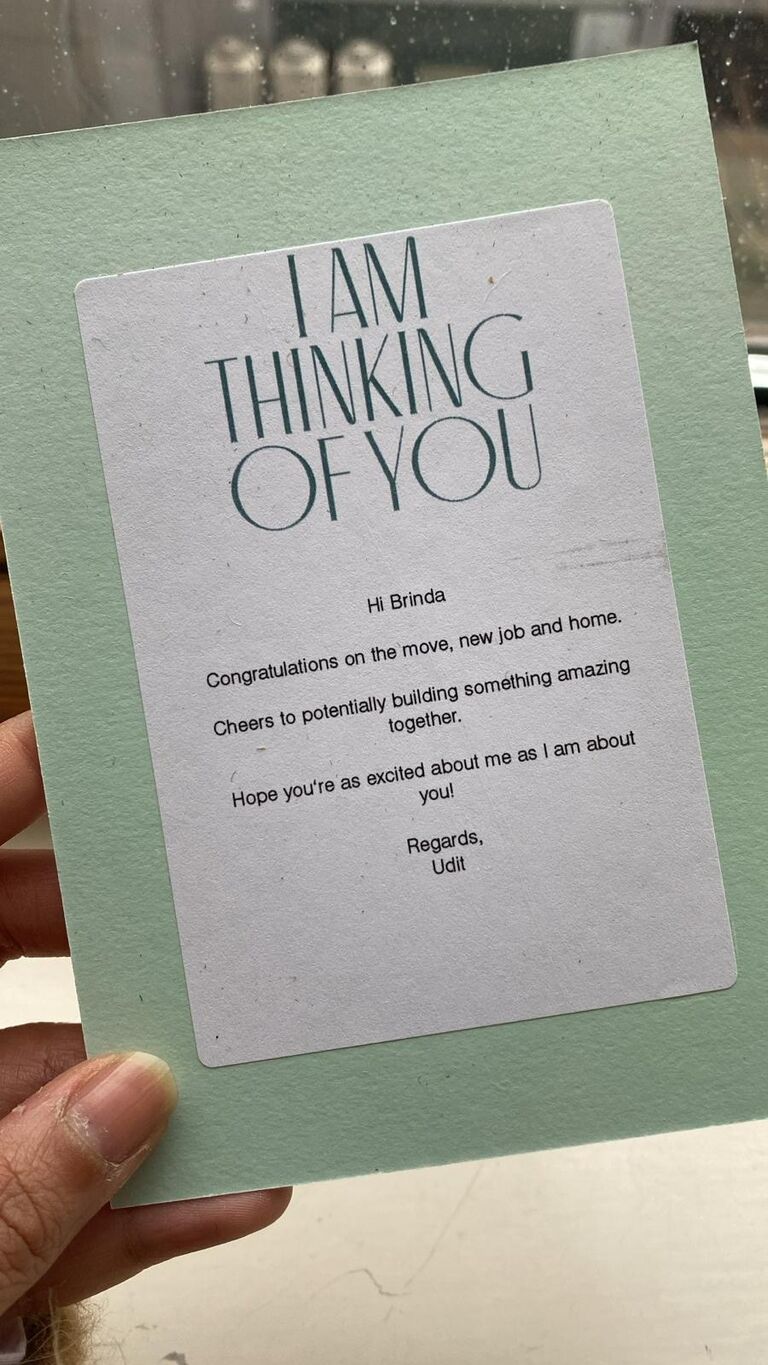 Udit invited Brinda on a virtual date by sending her - Cheese, Wine & A Sweet Note to her new address in London!!