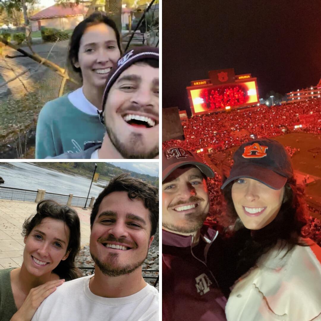 Sarah and Ben both traveled to meet each other for this trip. Texas A&M was playing against Auburn. They got tickets to the game and a cute little Airbnb in Phenix City, Alabama. The first evening, Ben pulled up in his new truck and surprised Sarah with gifts from his mission trip to Mexico City. The next morning started with a perfect brunch in Columbus, Georgia. After brunch,   they went on a long, fun walk along the Chattahoochee River. They "accidentally" wandered into a food truck festival. This was Ben's idea. Later that evening, they got ready and drove to the game. They were both very excited. Both of their teams were tied for last in the SEC, but someone was going to get a win! Luckily, Auburn dominated Texas A&M because Sarah got to take Ben to Toomer's Corner to throw toilet paper into the trees! The next day, they drove to the zoo in Montgomery. They fed goats at the petting zoo, and Sarah learned that Ben and goats do not see eye to eye since one bit his pinky fingernail off in kindergarten.  They also got to enter Parakeet Cove, a huge bird enclosure filled with parakeets. Ben learned that Sarah is a bird whisperer.