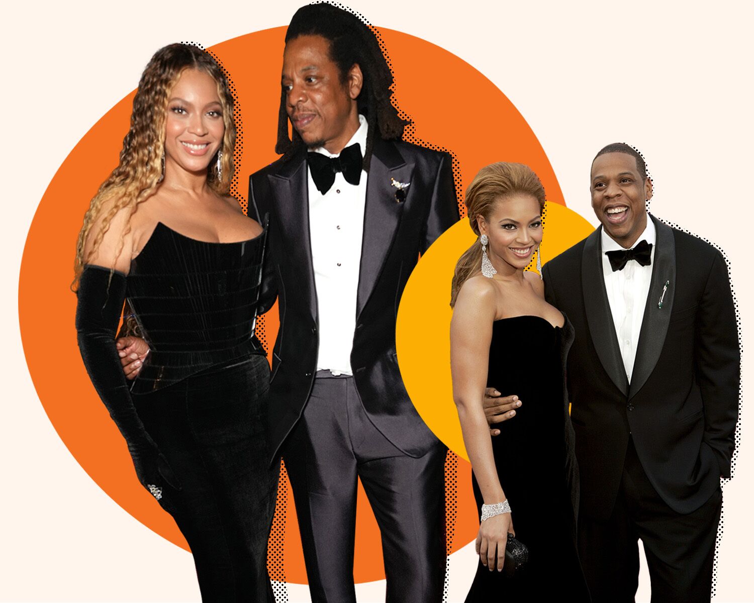 Collage featuring various shots of Beyonce and Jay-Z smiling at the camera. 