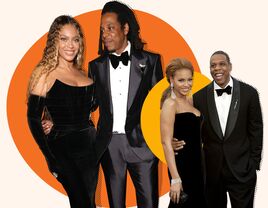 Collage featuring various shots of Beyonce and Jay-Z smiling at the camera. 