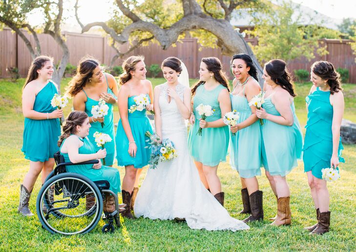 Bridesmaids In Turquoise Dresses And Cowboy Boots