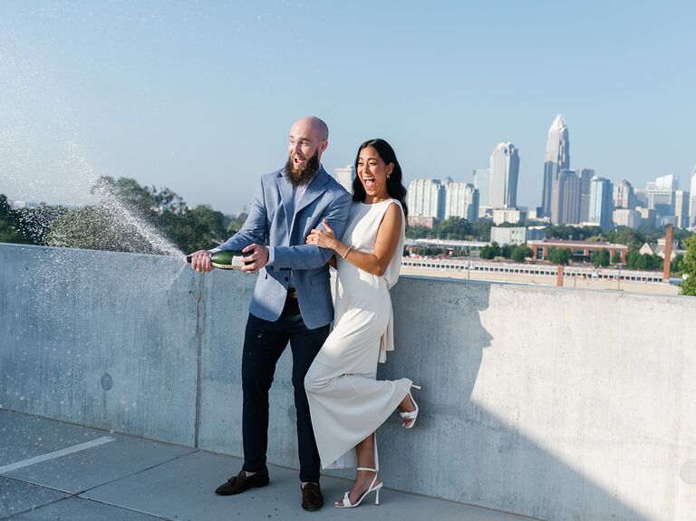 Engagement photo taken at Camp North End, Charlotte, NC