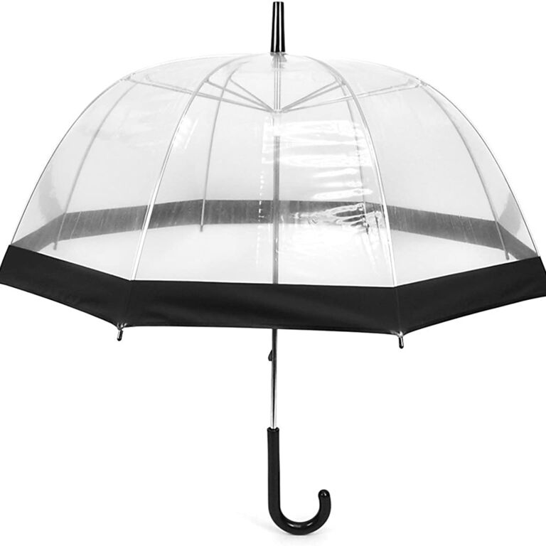 Top of a transparent umbrella with a black border at the base. 