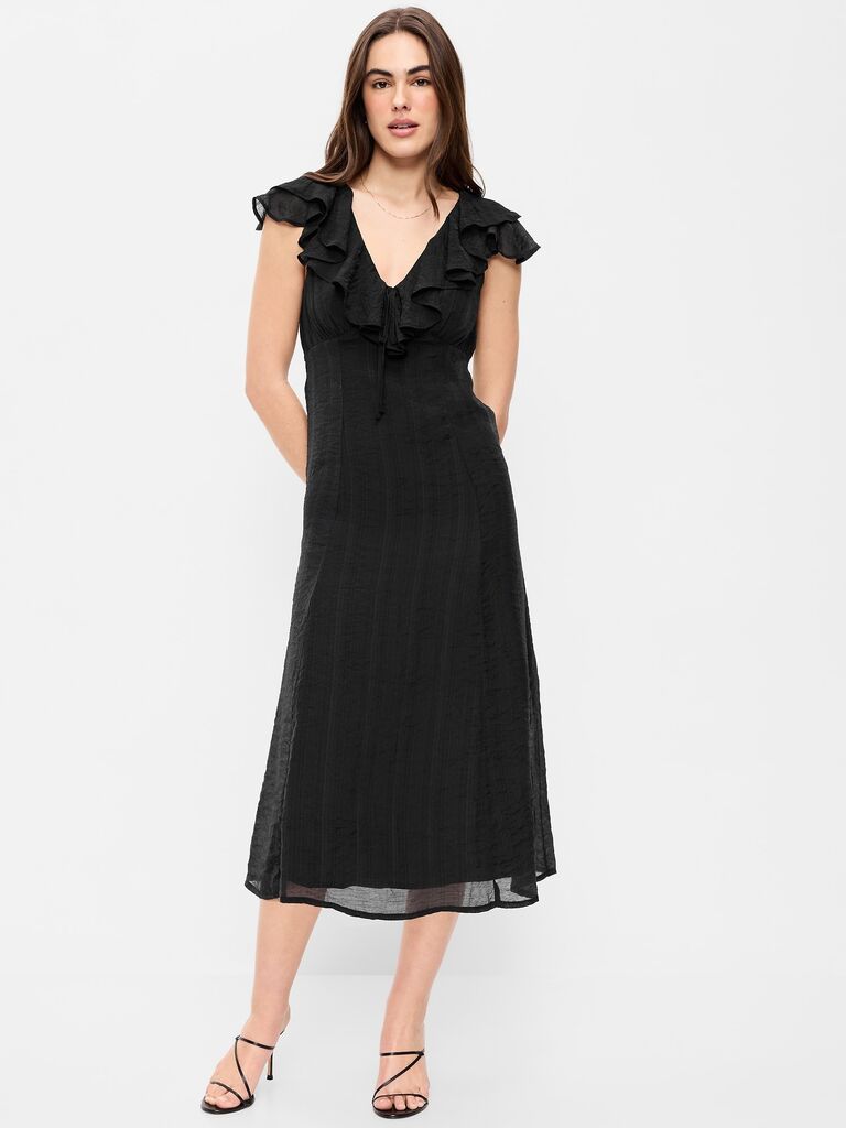 Old Navy black petite over 50s ruffle-sleeve midi wedding guest dress
