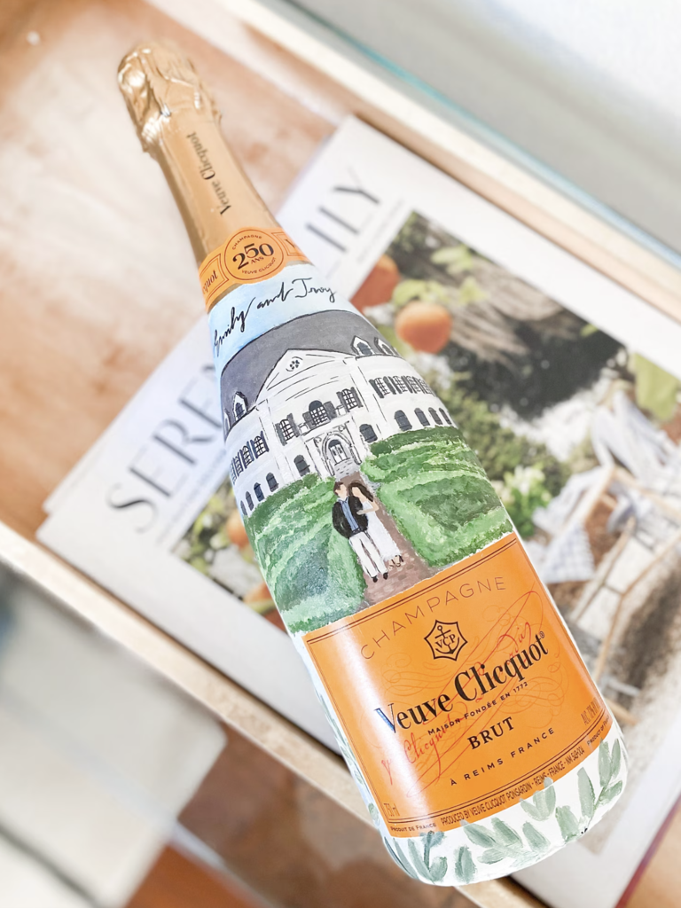 Custom Painted Champagne Bottle engagement gift idea from parents