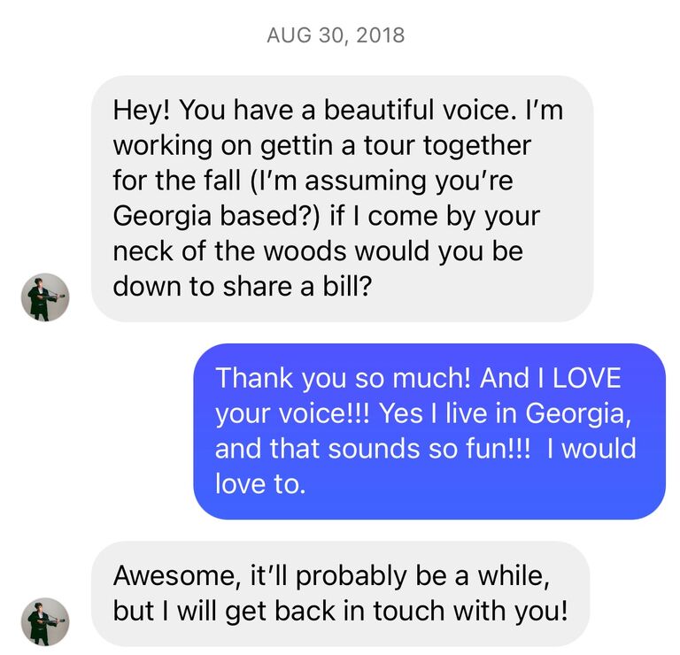 It all started when Jacques saw a video of Grace singing "Sunrise" by Norah Jones on Instagram. Little did he know, she had been following him for about 3 months before he saw her video! After graduating high school, Grace was approached by a photographer who wanted to build up his musician portfolio and asked if Grace would be interested in taking photos. She scrolled through his uploaded photos on his website and saw a photo of Jacques. She immediately went to instagram and followed him. Soon after, he messaged her and they booked a show in Nashville, TN together!