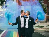 chicago wedding couple with colorful smoke bombs