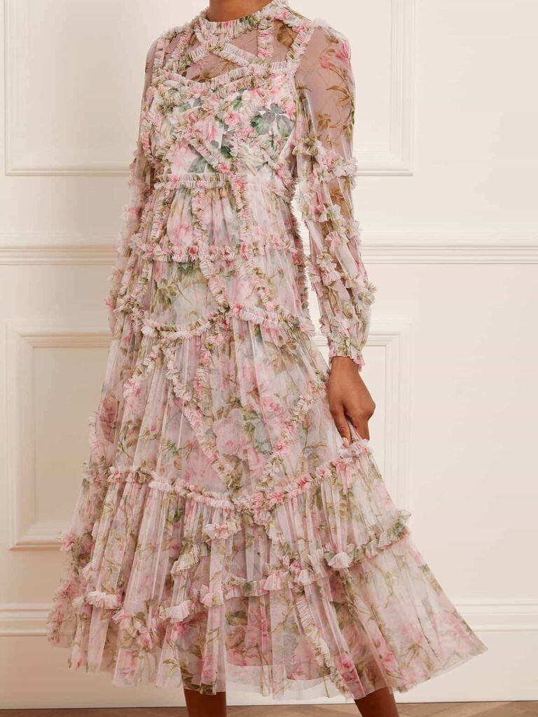 Needle & Thread ruffled floral garden wedding bridesmaid dress