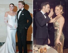 Collage of celebrities wearing chic wedding reception dresses. 