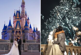 Collage of couple in front of Cinderella's Castle at Walt Disney World Resort and couple watching Disney fireworks