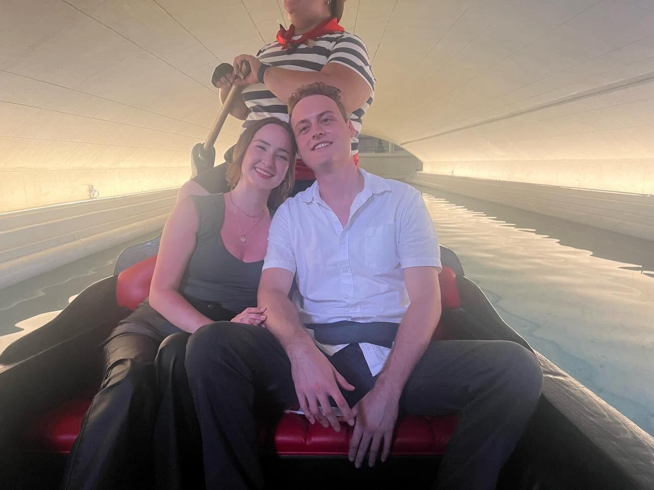 A gondola ride through the Venetian with Ryan. With over a mile walk from the hotel each way, Steven stopped to replace Kiley's heels with flip-flops!