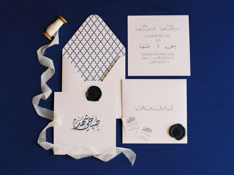 Navy and white wedding invitation suite