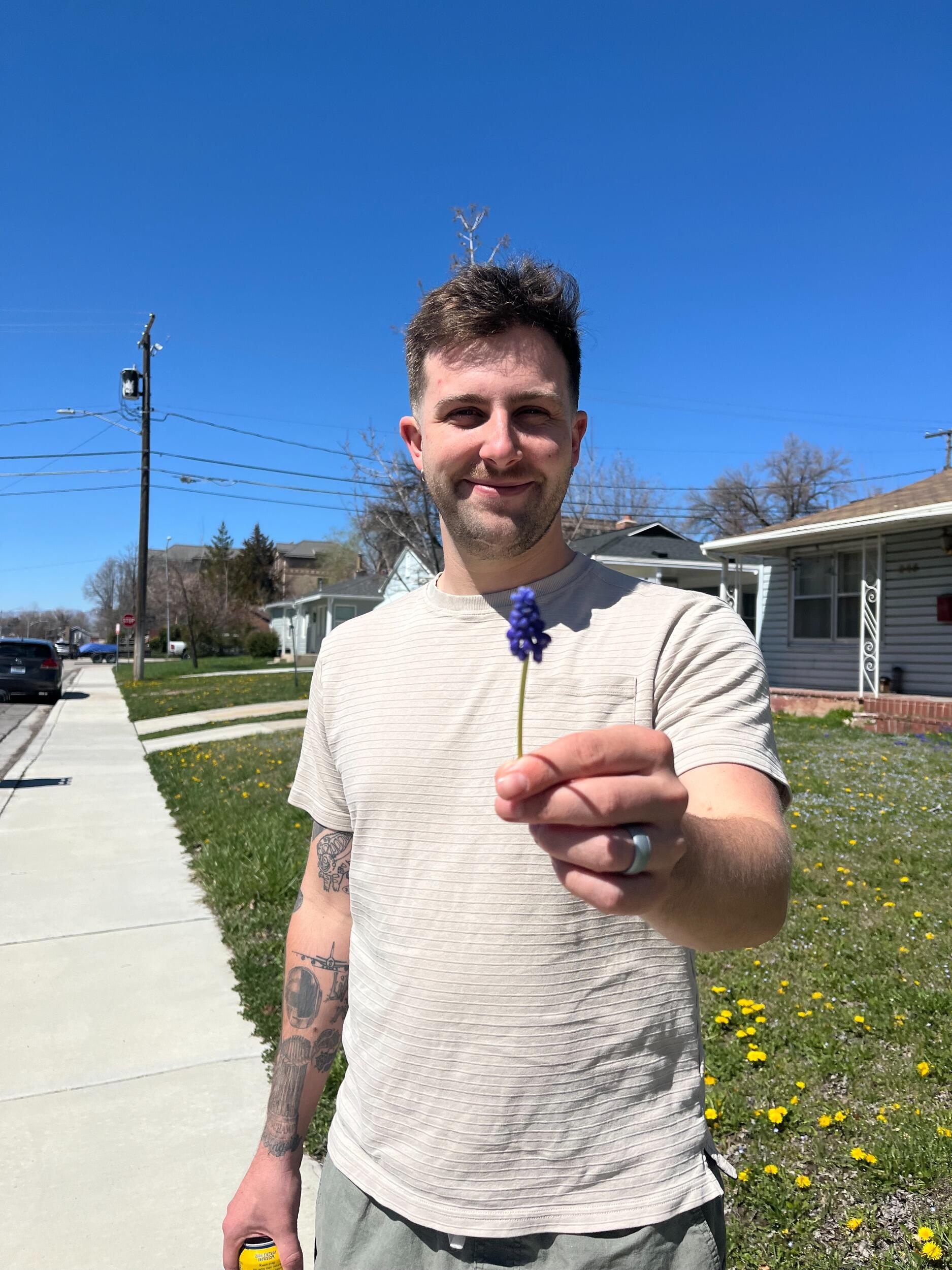 On our second date, Brad picked me a bluebell. I happened to save and dry it and now that same bluebell is framed hanging on our wall! He's picked me a bluebell every year since!