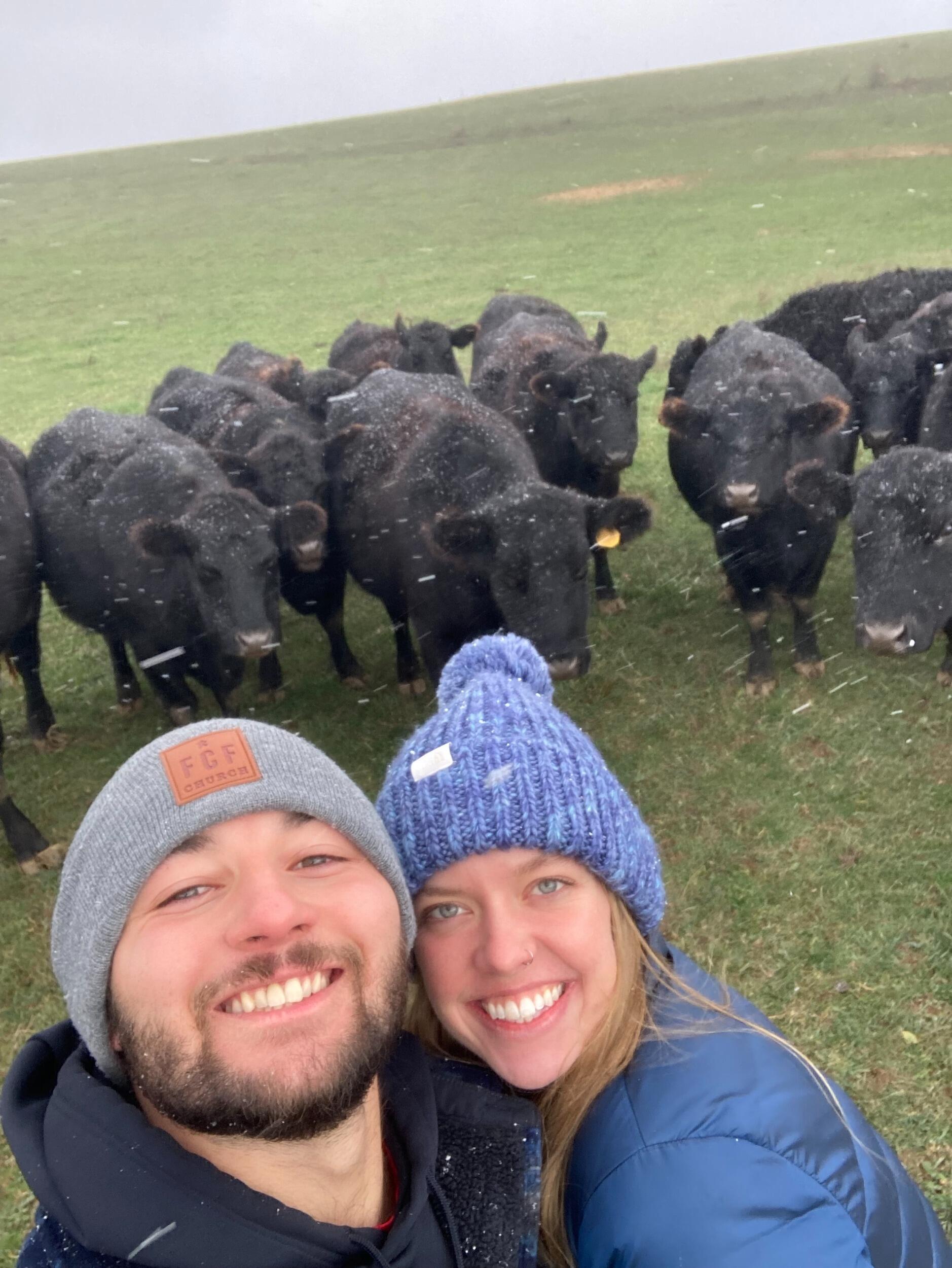 Jensi: "One of my favorite photos to summarize our 6 months of dating. We visited my family's farm in Ohio and fulfilled Greg's dream of sitting with cows in a pasture. :)"

Greg: "Cows are great. This was also the week that I asked Jensi's mom for the privilege of marrying her daughter."