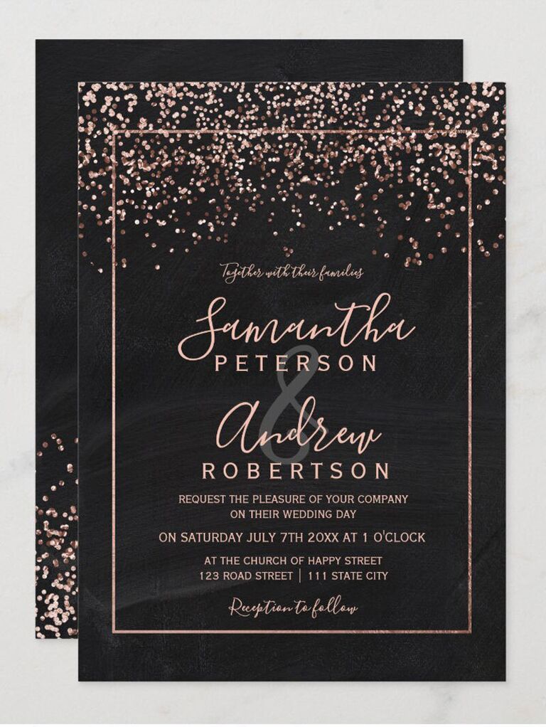 Rose gold confetti above event details in rose gold type bordered by gold rectangle on black background