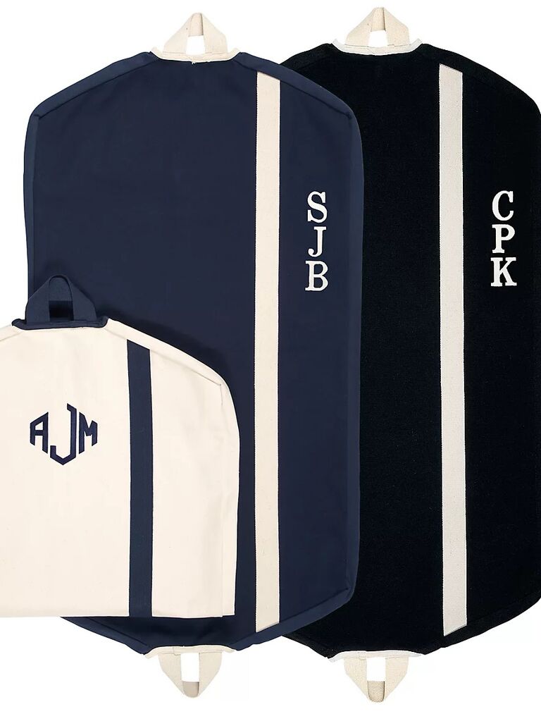 Canvas bags in navy, black and white with monogram and vertical stripe