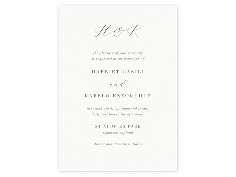 Script monogram above event details and bolded couple's names on white background
