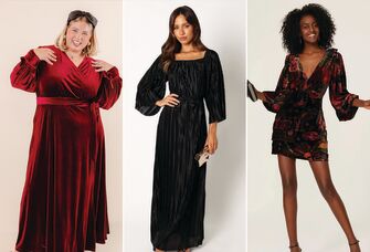 Collage of three winter wedding guest dresses