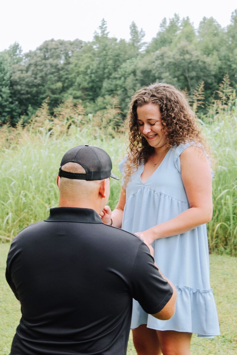 Throughout the next year, it became more evident that we were meant to be together forever. During the summer, Nathan secured blessings from my parents and then planned a surprise proposal with their help and (our now Matron of Honor) Lettie Tucker, to pull off the sweetest proposal in the front acreage of our home. And I said YES!