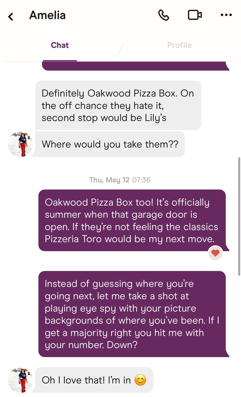 Amelia & Michael match on Hinge and find a common interest - PIZZA!