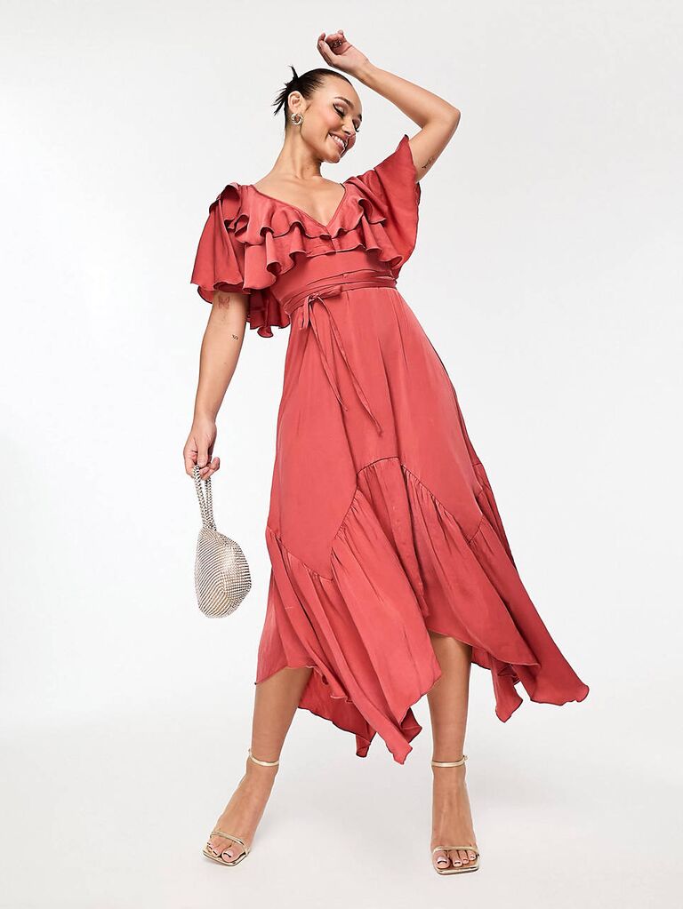 Satin ruffle midi dress for wedding guest in rosy red color