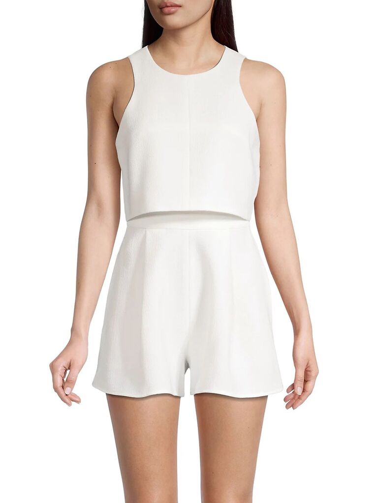saks fifth avenue white 2-piece bridal romper with thick straps high scoop neck cropped top and shorts