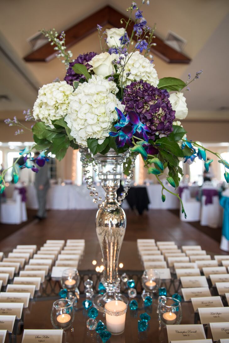 Silver Vase Centerpieces With Hydrangeas And Orchids