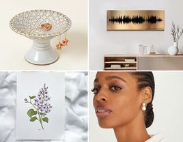 Four 8 year anniversary gifts: pedestal jewelry holder, sound wave art, pearl earrings, lilac watercolor print