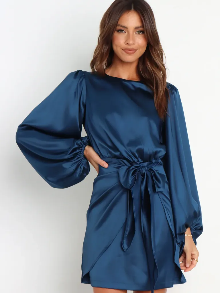 Navy wrap mini wedding guest dress winter from Petal & Pup