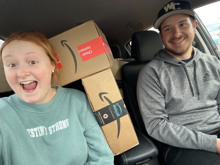 Starting a lot of new adventures together. Here we were making an amazon delivery. The car was so stuffed with packages we could barely move.