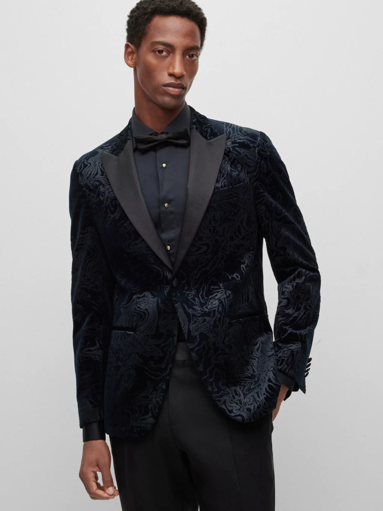 Hugo Boss black velvet jacquard cocktail wedding guest suit