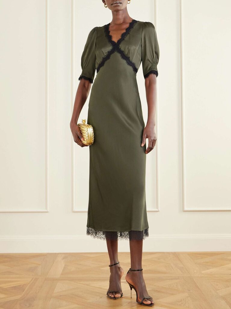 RIXO satin lace trim wedding guest dress