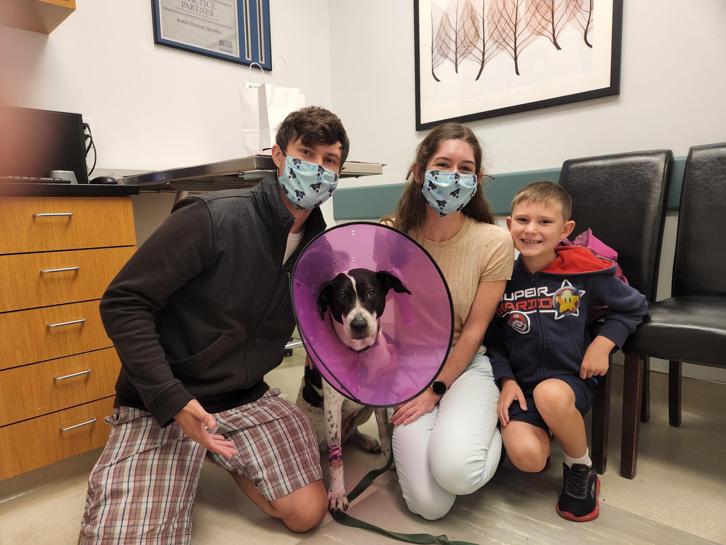Sporting all of our Daisy gear when we wen to pick her up from the hospital after her emergency surgery. 