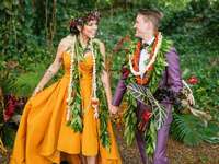 brides at Hawaiian wedding with leis