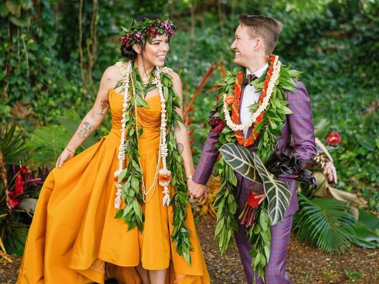 brides at Hawaiian wedding with leis