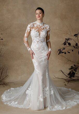 High Neck Long Sleeve Fit and Flare Wedding Dress