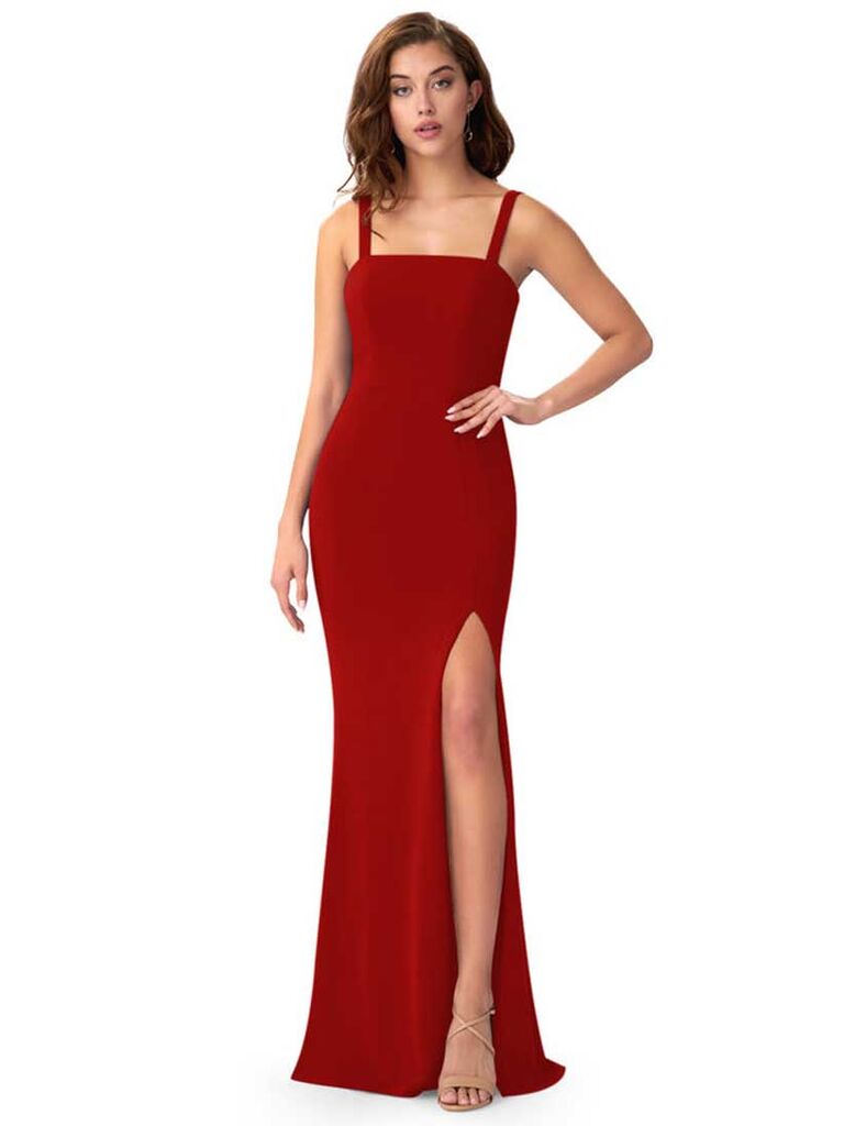 Red column dress with square neckline