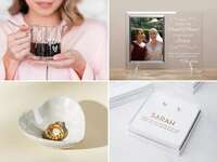 collage of four maid of honor gift ideas including candle, bracelet, rings and jewelry case