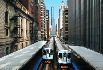Chicago's elevated trains from the footbridge between Adams and Wabash