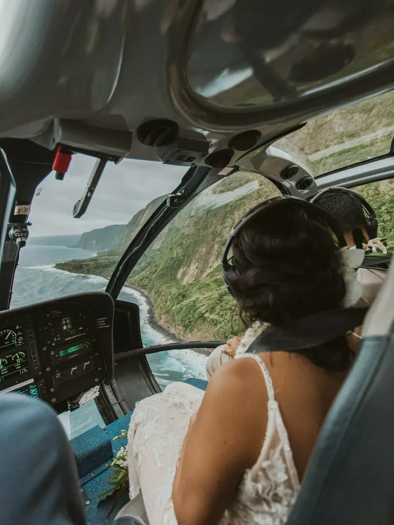 Couple on Helicopter Ride for Elopement in Hawaii