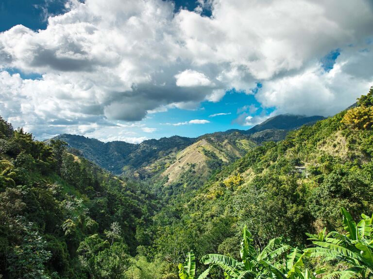 Green hills in the Jamaican mountain range.