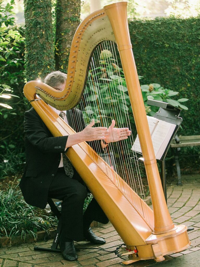 harpist playing music for classic wedding ceremony