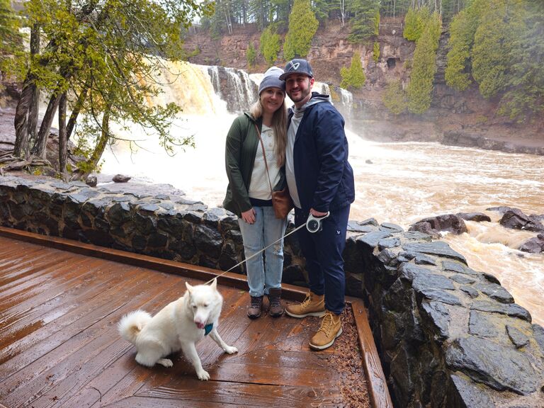 Miki, Blake and Kota in front of a raging Gooseberry Falls, not long after a food tasting at Grand Superior Lodge in preparation for the wedding.