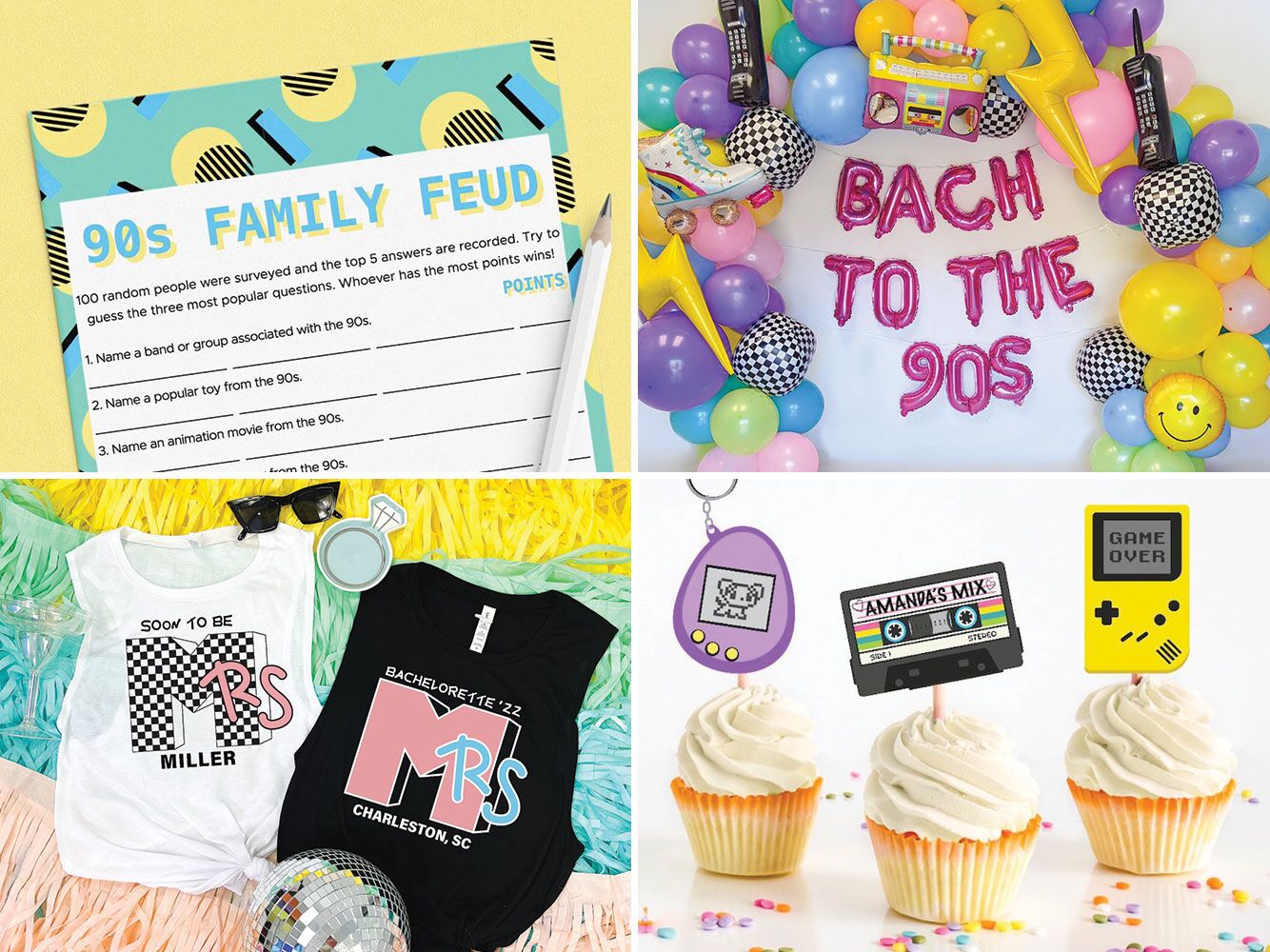 Collage of four 90s bachelorette party supplies