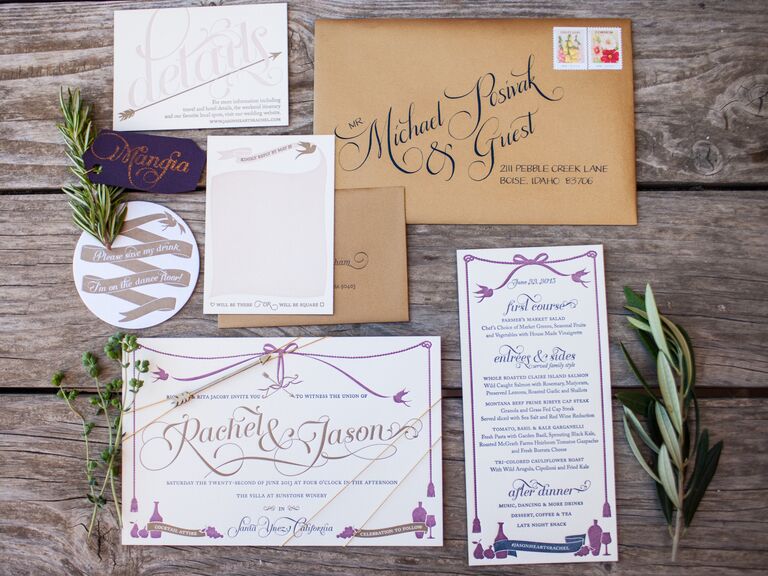 Purple tassel motif wedding invitation suite with rosemary