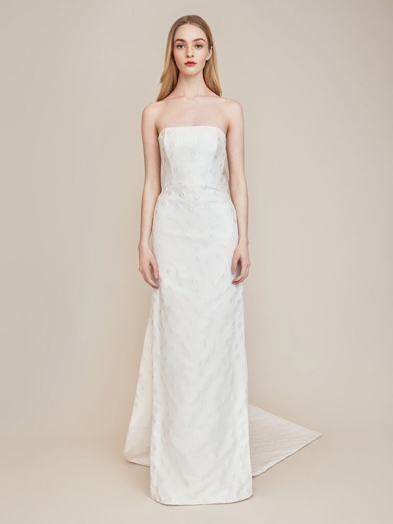 lela rose white strapless sheath wedding dress with floral embellishments and detachable train  