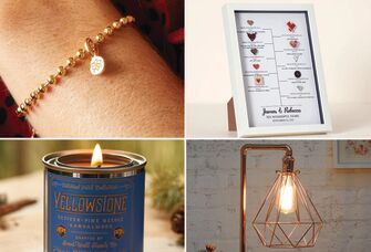 Four 10th anniversary gifts: gold flower bracelet, anniversary material art, lamp, candle