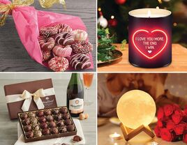 Four last-minute Valentine's Day gifts: donut bouquet, funny candle, moon lamp, chocolates and wine