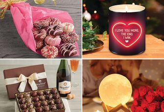 Four last-minute Valentine's Day gifts: donut bouquet, funny candle, moon lamp, chocolates and wine